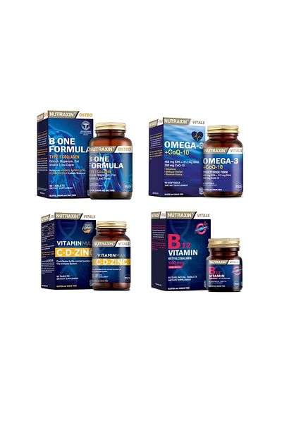 Nutraxin B-One Formula 90 - Omega 3 and Coq-10 Tablets, Vitamins Max C, D, Zinc and B12 Capsules