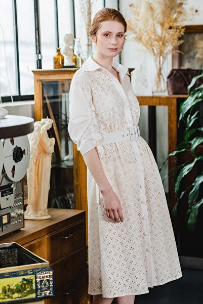 By Mare Style Kemerli Organik Pamuk Midi Bej Rengi Brode Gömlek Elbise Fayette Dress