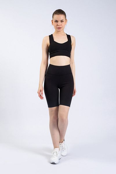 The Step Sports Pantaloni scurți sport cu talie înaltă cu nervuri negre de damă, 8&quot;