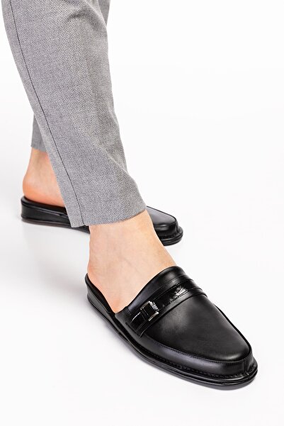 Akgün Terlik Erkek Siyah Hakiki Deri Tokalı Ev Terliği