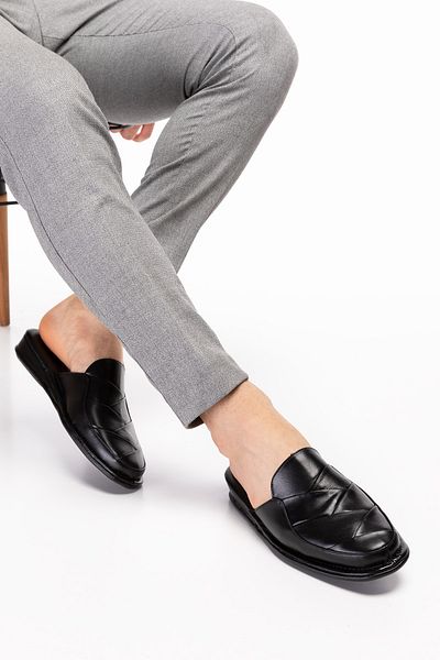 Akgün Terlik Men's Black Genuine Leather House Slippers