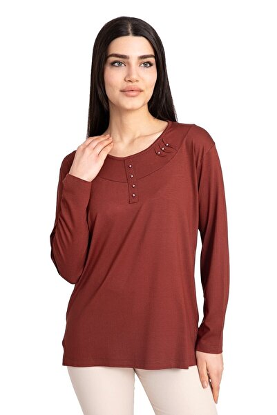 Nacar Kadın Likralı Yakası Sade Desenli Penye Bluz