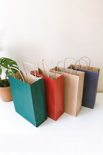 Trend Hediye Sepeti Naturel Büküm Saplı Yeşil Bordo Lacivert Kraft Karton Çanta 4 Adet 18x8x24 4 Renk