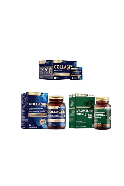 Nutraxin Sachet Collagen 30 Tablets - 10000 Mg Hydrolyzed Collagen + Bromelain 60 Capsules