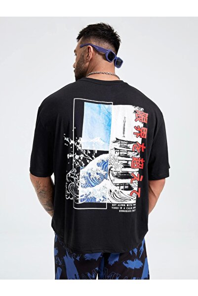 YUVEST Tricou Blackrock unisex oversize, 100% bumbac, cu imprimeu floral, imprimat cu picături.