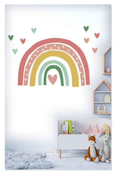 Sticker Sepetim Pink and Green Soft Colored Hearts and Rainbow Kids Room Wall Sticker