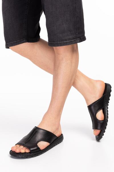 Akgün Terlik Men's Black Genuine Leather - Comfort Sole Slippers