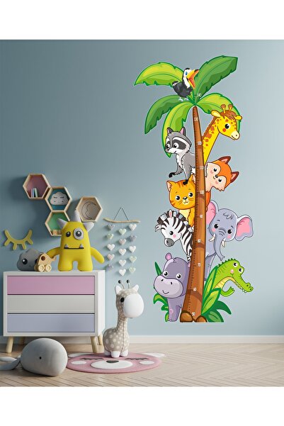 Sticker Sepetim Sevimli Safari Hayvanlar Temalı Boy Ölçer Çocuk Odası Çok Amaçlı Dolap Duvar Sticker Seti