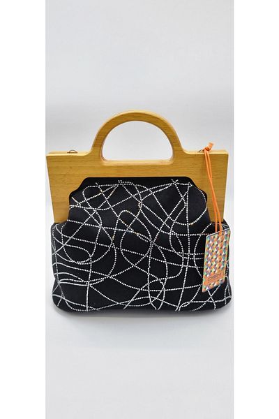 DSN Wooden Handle Stone Decorated Chain Strap Women's Hand and Shoulder Bag Black Color