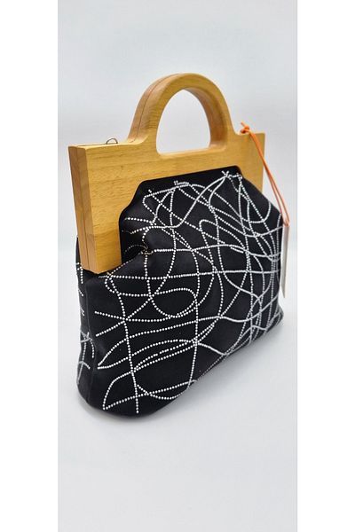 DSN Wooden Handle Stone Decorated Chain Strap Women's Hand and Shoulder Bag Black Color