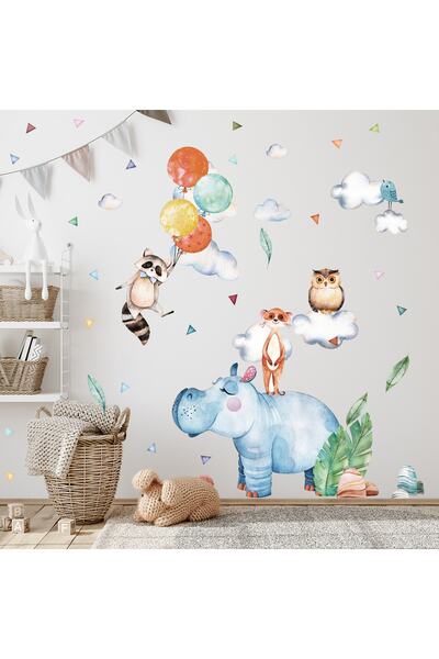 Sticker Sepetim Safari Animals and Flying Balloons - Hippopotamus, Raccoon an...
