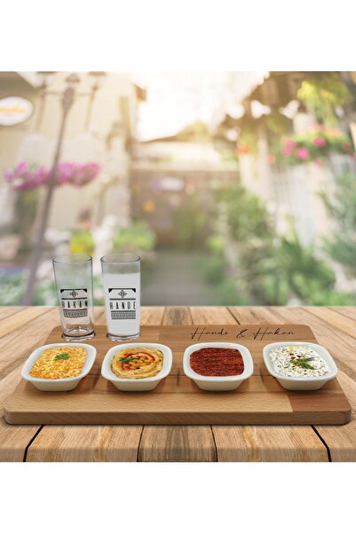 Bk Gift Kişiye Özel Isimli 2’li Rakı Bardağı Ve Meze Tabaklı Doğal Masif Ahşa...