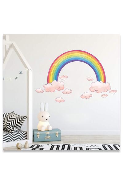 Sticker Sepetim Acuarelă Curcubeu Și Nori Roz Autocolant De Perete Camera Cop...