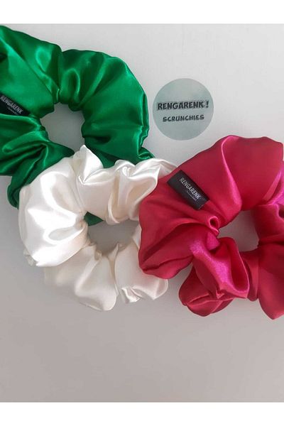 RENGARENK 3-Piece (GREEN-WHITE-RED) Satin Women's Scrunchie Buckle Set