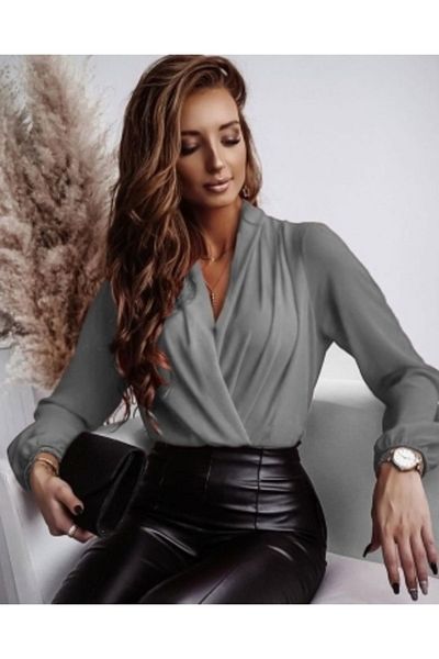 WellWay Γκρι Sandy Fabric - Μπλούζα με διπλό στήθος
