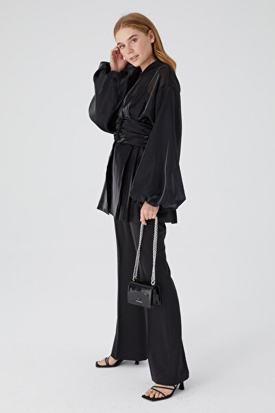 Manuka Saten Ispanyol Paça Pantolon Siyah