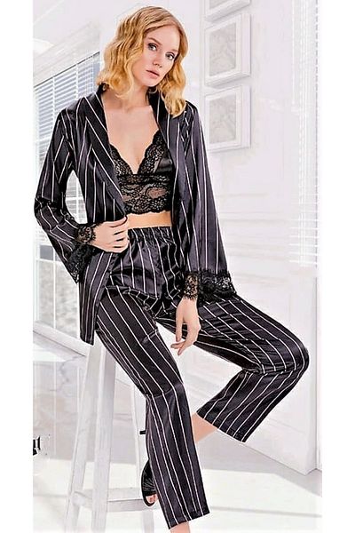 FLZ Set pijama bustieră din satin neagră cu dungi roz
