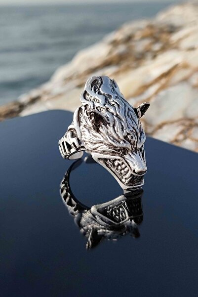 TREND COLLECTİON Antik Gümüş Kaplama Ayarlanabilir Erkek Kurt Yüzük