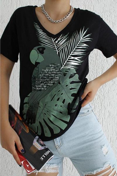 FEMELLE Tricou de damă din bumbac brodat cu paiete și paiete, cu decolteu în V