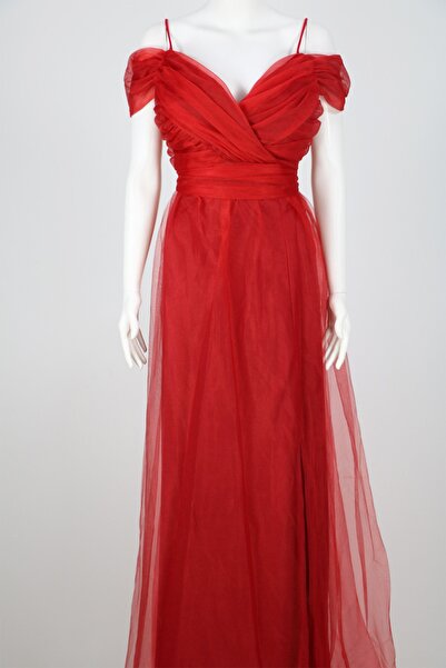 hepyen Kırmızı Büzgülü Tül Etek Askılı Uzun Elbise