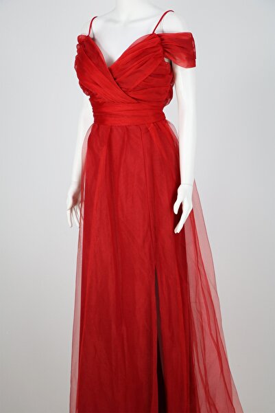 hepyen Kırmızı Büzgülü Tül Etek Askılı Uzun Elbise