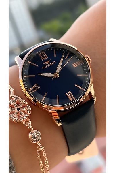 FERRO Leather Strap Navy Blue Color Women's Wristwatch + Bracelet