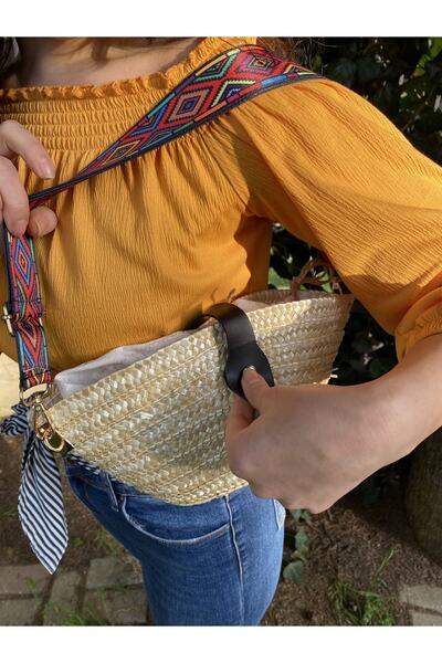 laviyonsa Χειροποίητη πολύχρωμη ψάθινη τσάντα με κορδόνια