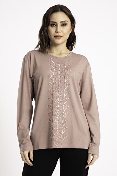Nacar Anneler Günü Kadın Pudra Desenli Uzun Kol Penye Bluz