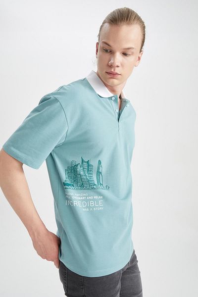 DeFacto Μπλουζάκι Cool Boxy Fit Polo με λαιμόκοψη βαμβακερό χτενισμένο μπλουζάκι