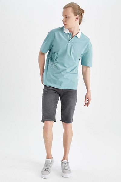 DeFacto Μπλουζάκι Cool Boxy Fit Polo με λαιμόκοψη βαμβακερό χτενισμένο μπλουζάκι