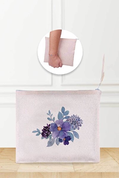 Gizeo Concept Лилава ленена чантичка за грим с флорални мотиви