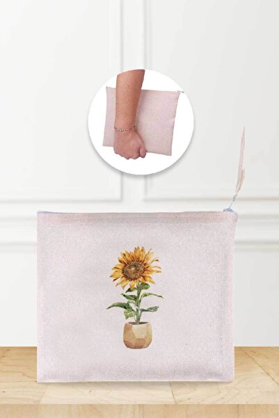 Gizeo Concept Ленена чантичка за гримове с шарка на саксия за цветя слънчоглед