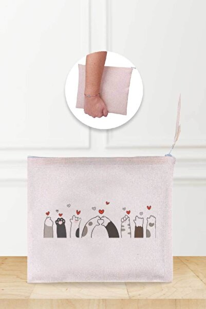 Gizeo Concept Ленена чантичка за гримове с шарка на котешки лапи във формата на сърце