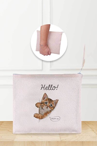 Gizeo Concept حقيبة مكياج من الكتان منقوشة على شكل قطة صغيرة