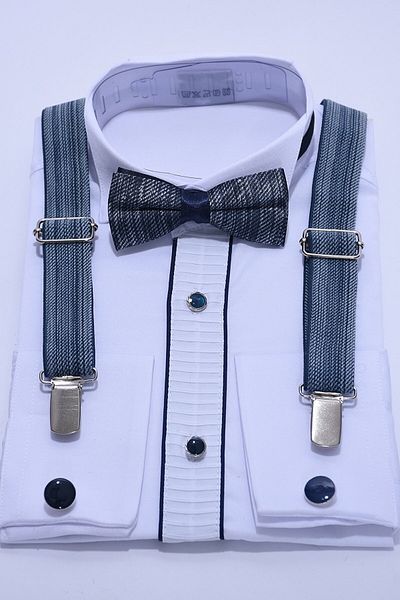 ceocuk Cămașă albă cu butoni și set de papion cu bretele cu model din denim