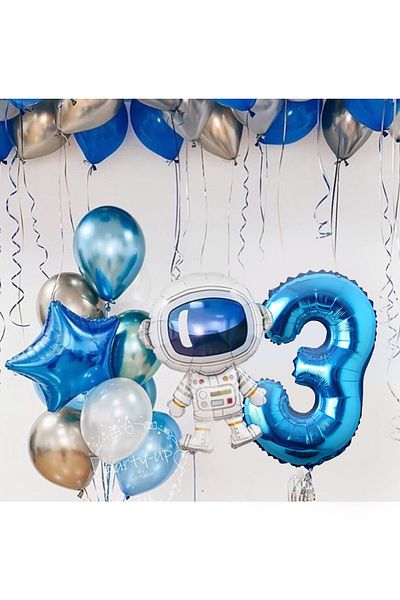 PARTİAVM Astronaut Rocket Space Themed 3 Years Old 100cm Blue Numeral Balloon Set