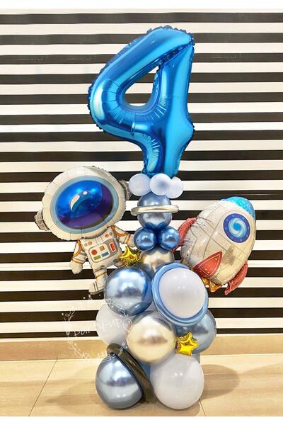 PARTİAVM Astronot Roket Uzay Temalı 4 Yaş Mavi Rakamlı Balon Seti
