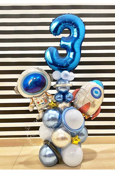 PARTİAVM Astronaut Rocket Space Themed 3 Years Old Blue Number Balloon Set