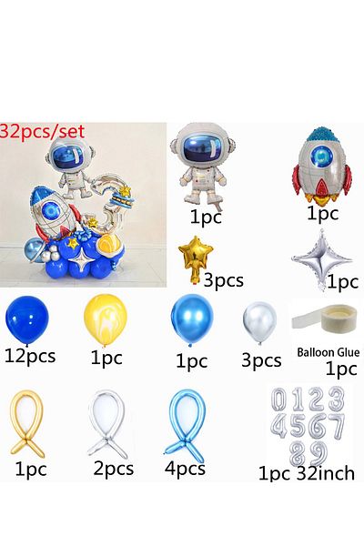PARTİAVM Astronaut Rocket Space Themed Welcome Set with Silver Number Balloons