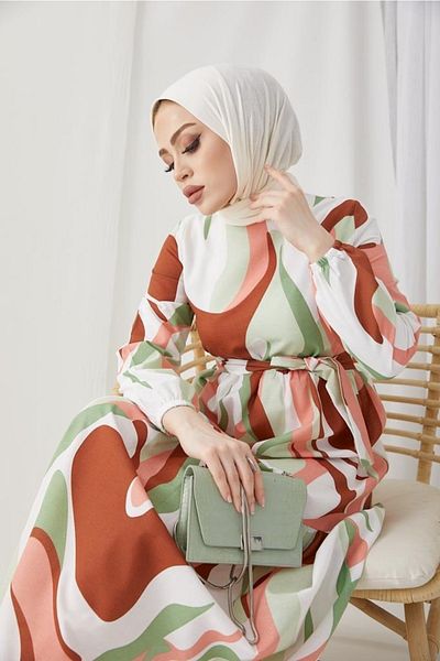 benguen 420 Patterned Hijab Dress Brown