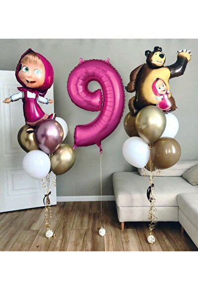 PARTİAVM Lisanslı Büyük Boy Maşa Ile Koca Ayı Balon Seti Maşa Balon 100cm Rak...