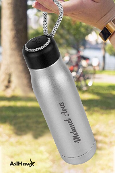 DURABLES Kişiye Özel Isimli Baskılı Termos 600 ml Çift Katmanlı 304 Çelik Taşıma Ipli Termos Mug Matara
