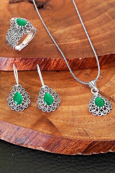 Aykat Kök Zümrüt Taşlı Telkari Damla Modeli Gümüş Set Yüzük Küpe Kolye Set-276