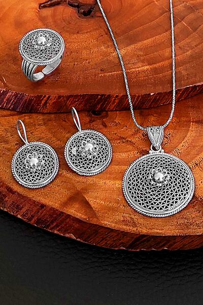 Aykat Telkari 925 Ayar Gümüş Oksitli Kadın Üçlü Set Yüzük Küpe Kolye Set-287