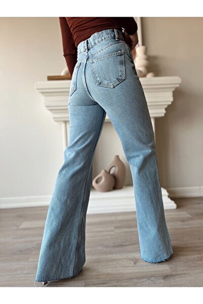 Trn JNS Salaş Seri Kar Yıkama Mavi Likralı Süper Yüksek Bel Salaş Jeans Palazzo Pantolon