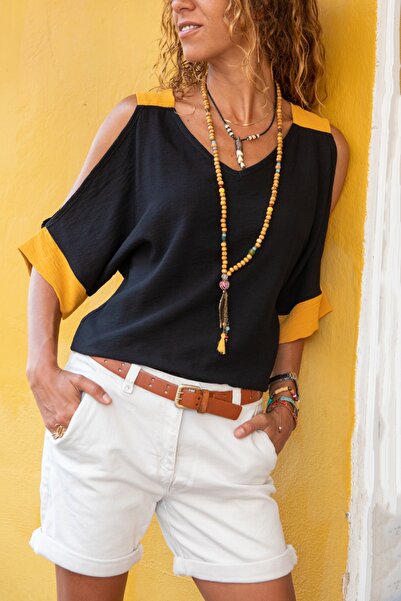 Güneşkızı Kadın Siyah Keten Omuz Dekolteli Salaş Bluz GK-BST2923