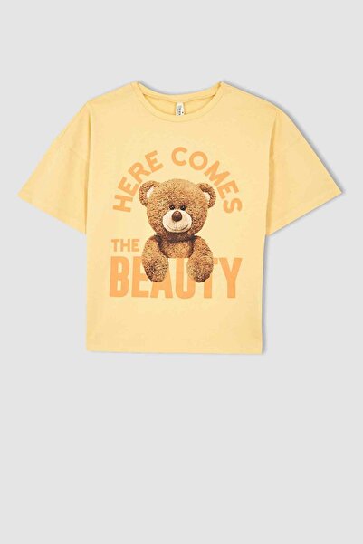 DeFacto Girl's Regular Fit Teddy Bear Printed Short Sleeve T-Shirt
