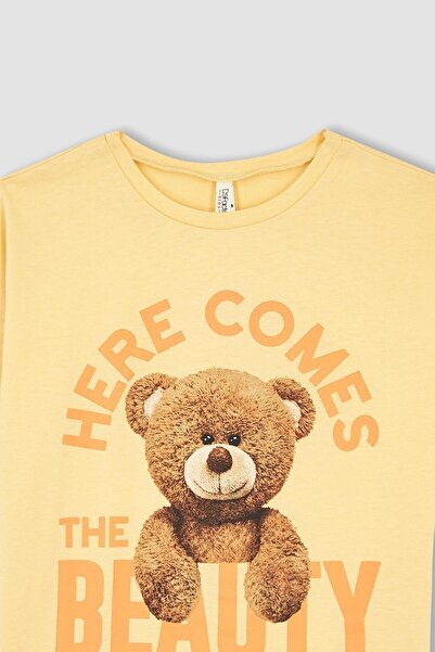 DeFacto Girl's Regular Fit Teddy Bear Printed Short Sleeve T-Shirt