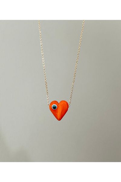 SWORDS CONCEPT Murano Glass Evil Eye Heart Orange Necklace