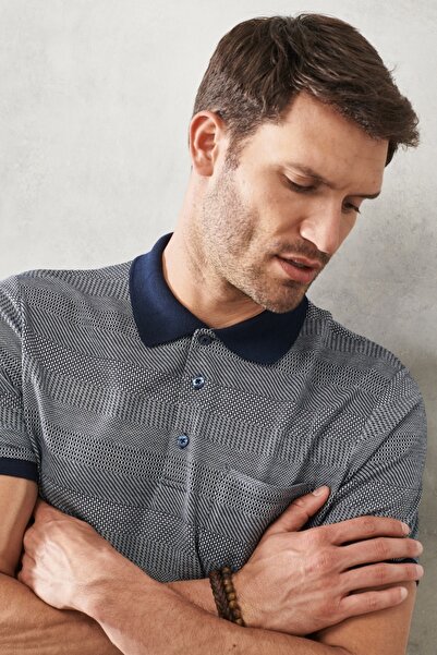 ALTINYILDIZ CLASSICS Men's Navy Blue Comfort Fit Relaxed Cut Polo Neck Patterned Casual T-Shirt